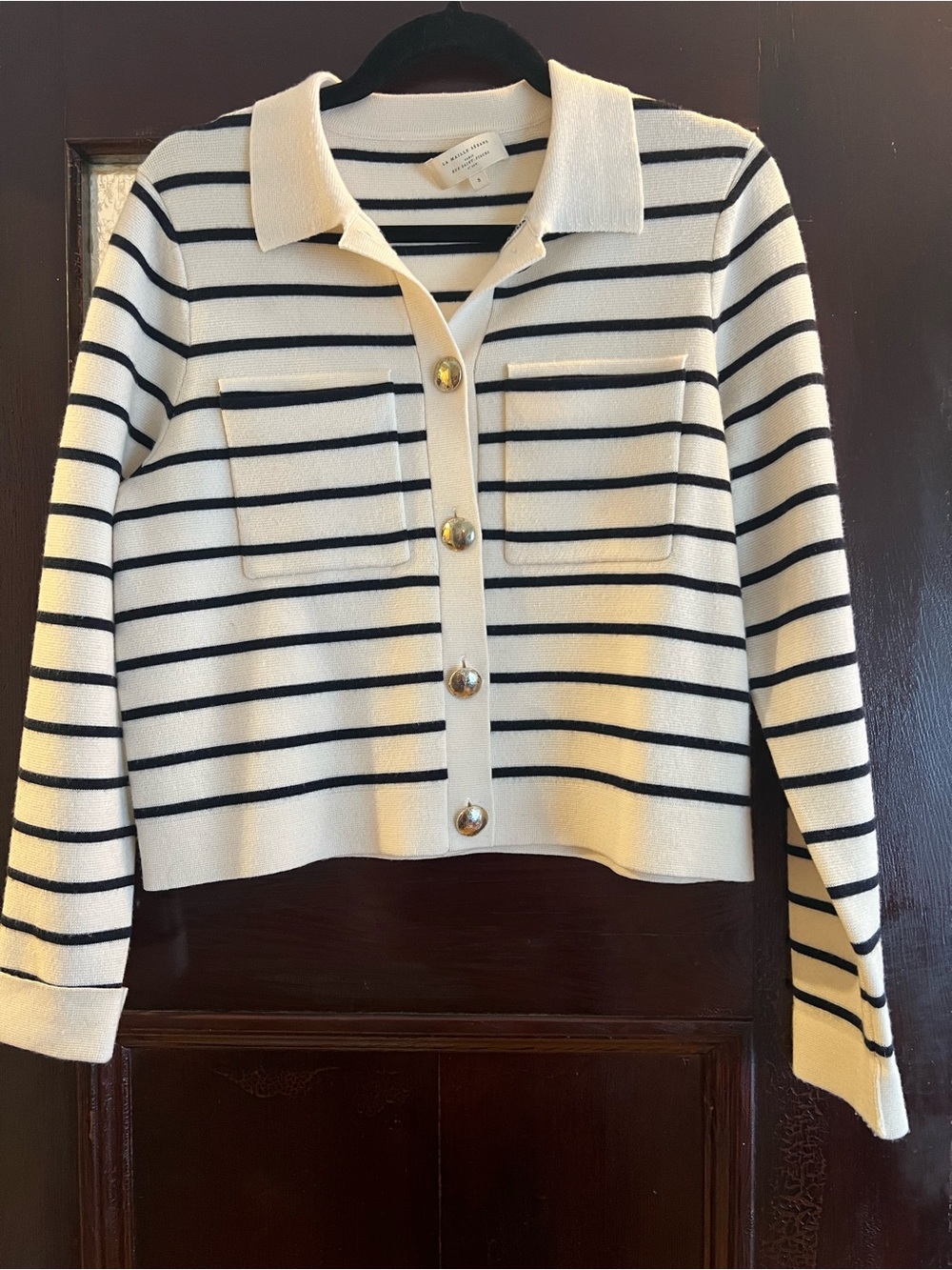 Striped Button-Front Collared Women's Sweater - White & Navy Sézane Size S